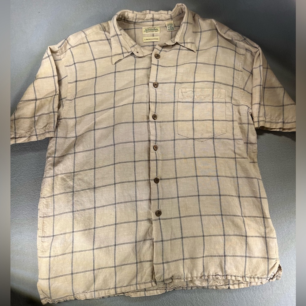 St John’s Bay Linen & Cotton Beige Check Button Down Fishing, Cabin, Farm